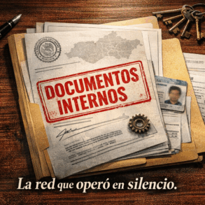 Una carpeta manila abierta sobre una mesa de madera oscura muestra documentos borrosos con sellos oficiales, una identificación parcialmente visible, recibos difuminados y un conjunto de llaves antiguas, creando una escena de investigación y archivos internos.
