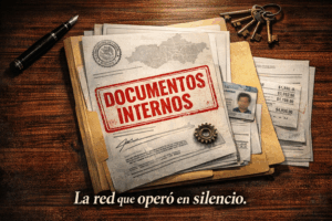 Una carpeta manila abierta sobre una mesa de madera oscura muestra documentos borrosos con sellos oficiales, una identificación parcialmente visible, recibos difuminados y un conjunto de llaves antiguas, creando una escena de investigación y archivos internos.