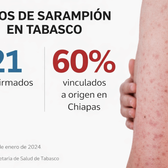 Infografía sobre casos de sarampión en Tabasco que muestra 21 contagios confirmados y 60% vinculados a contacto con Chiapas, junto a la imagen de un brazo con erupción cutánea característica de la enfermedad.