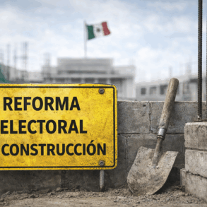 Señal de “Reforma electoral en construcción” en una obra, como metáfora del debate político en curso.
