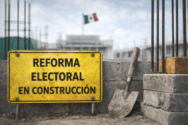 Señal de “Reforma electoral en construcción” en una obra, como metáfora del debate político en curso.