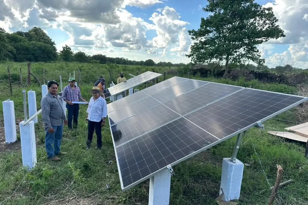Paneles solares instalados en una parcela rural de Tabasco, donde personal técnico supervisa el sistema que alimentará equipos de riego suplementario para enfrentar la sequía.