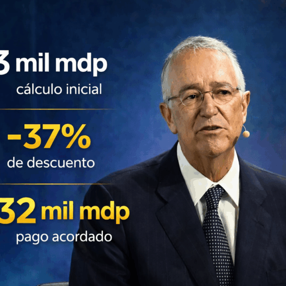 Ricardo Salinas Pliego en foro público; gráfico destaca cifras del acuerdo fiscal de Grupo Salinas con el SAT: adeudo inicial de 63 mil millones, descuento del 37% y pago acordado de 32 mil millones de pesos.