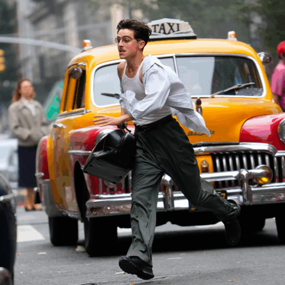 Timothée Chalamet corre despreocupado por una calle de Nueva York en una escena de Marty Supreme, caracterizado como Marty Mauser, con camisa abierta, lentes y un taxi amarillo detrás de él.