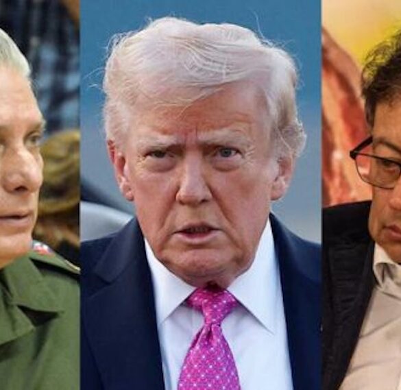 Composición fotográfica de Miguel Díaz-Canel, Donald Trump y Gustavo Petro en el contexto de la escalada de amenazas de Estados Unidos en América Latina.
