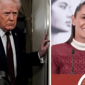 “Montaje con dos imágenes: a la izquierda, Donald Trump con gesto serio dentro de un avión; a la derecha, Claudia Sheinbaum sonríe frente a un micrófono durante una conferencia en Palacio Nacional.”