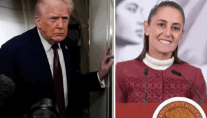 “Montaje con dos imágenes: a la izquierda, Donald Trump con gesto serio dentro de un avión; a la derecha, Claudia Sheinbaum sonríe frente a un micrófono durante una conferencia en Palacio Nacional.”
