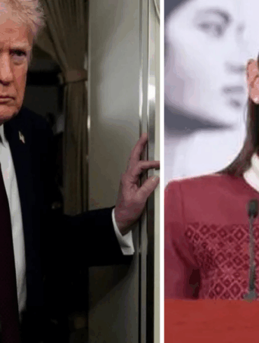 “Montaje con dos imágenes: a la izquierda, Donald Trump con gesto serio dentro de un avión; a la derecha, Claudia Sheinbaum sonríe frente a un micrófono durante una conferencia en Palacio Nacional.”