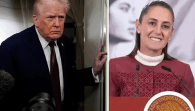 “Montaje con dos imágenes: a la izquierda, Donald Trump con gesto serio dentro de un avión; a la derecha, Claudia Sheinbaum sonríe frente a un micrófono durante una conferencia en Palacio Nacional.”