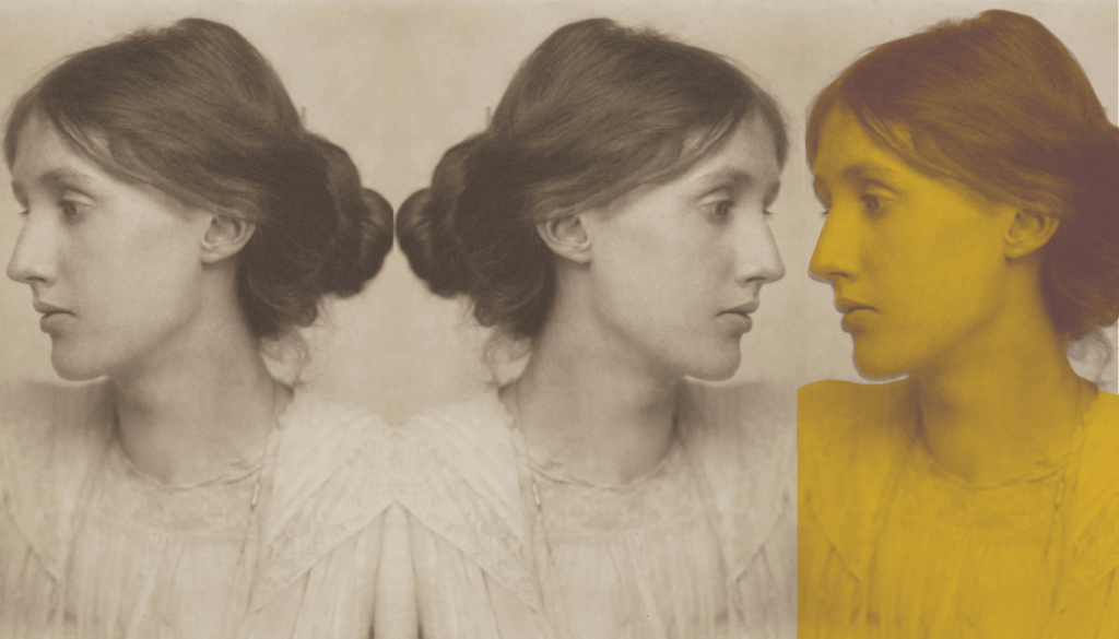 Retrato en blanco y negro de una joven Virginia Woolf de perfil, con el cabello recogido y expresión serena.