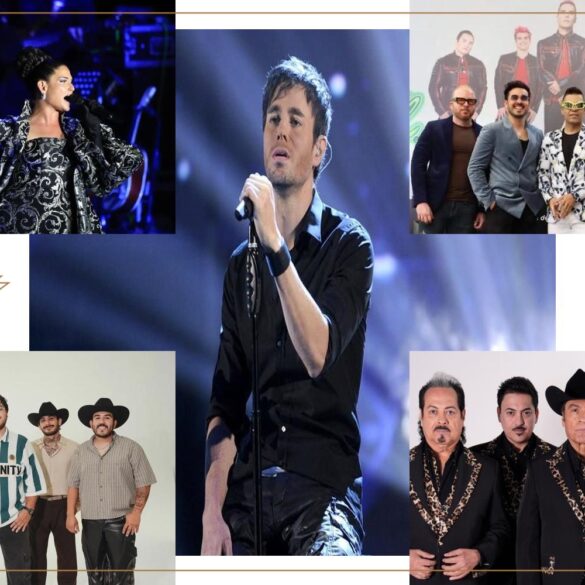 Collage con Enrique Iglesias al centro, acompañado de Natalia Jiménez, Grupo Cañaveral, Grupo Frontera y Los Tigres del Norte, artistas confirmados de la Feria Tabasco 2026.