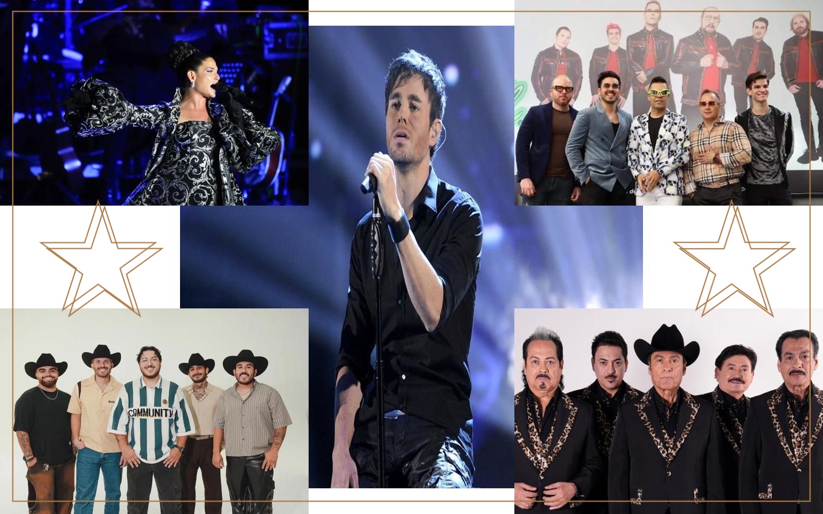 Collage con Enrique Iglesias al centro, acompañado de Natalia Jiménez, Grupo Cañaveral, Grupo Frontera y Los Tigres del Norte, artistas confirmados de la Feria Tabasco 2026.