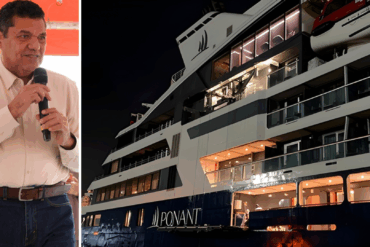 El gobernador Javier May durante jornada en Paraíso junto a imagen de crucero Ponant, símbolo del plan para reactivar el turismo marítimo en Tabasco.