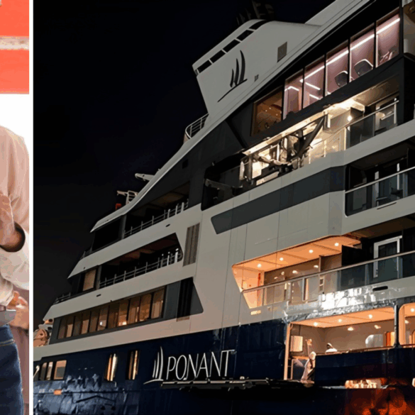 El gobernador Javier May durante jornada en Paraíso junto a imagen de crucero Ponant, símbolo del plan para reactivar el turismo marítimo en Tabasco.