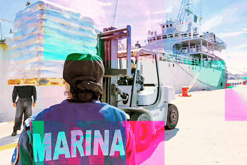 Elemento de Marina supervisa carga de víveres en muelle; al fondo, buque.