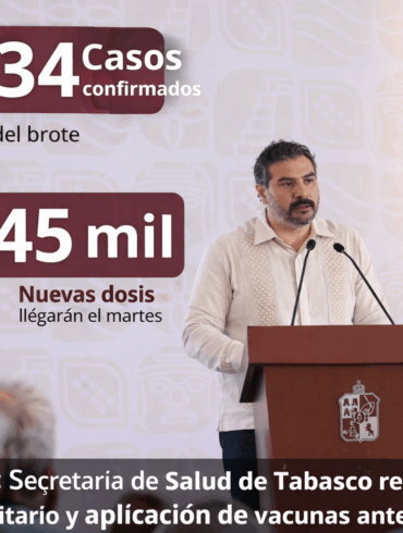 Alejandro Calderón Alipí, secretario de Salud de Tabasco, informa cifras del brote de sarampión y refuerzo de vacunación.