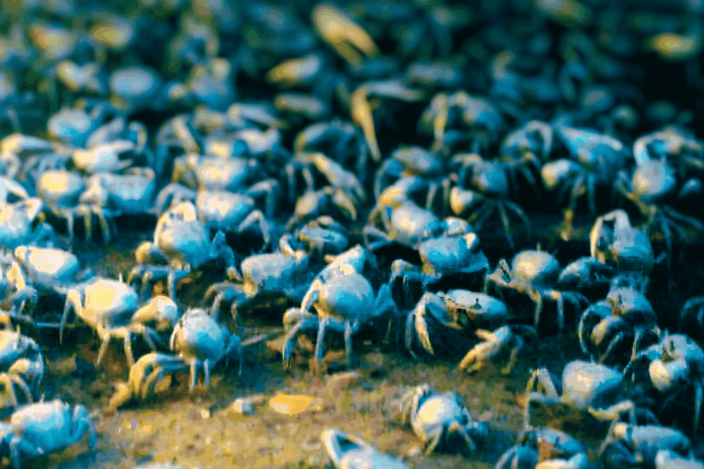 Concentración de cangrejos azules desplazándose en grupo sobre el lodo de un manglar costero en Tabasco.