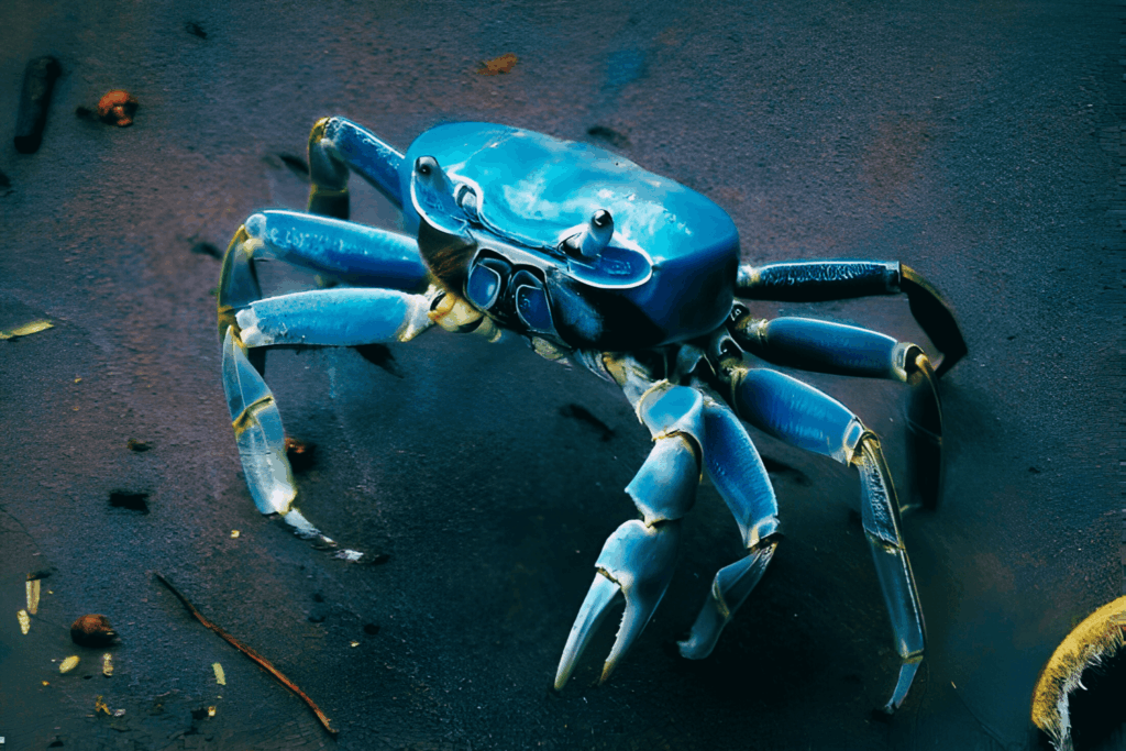 Cangrejo azul solitario caminando sobre arena húmeda en la costa.