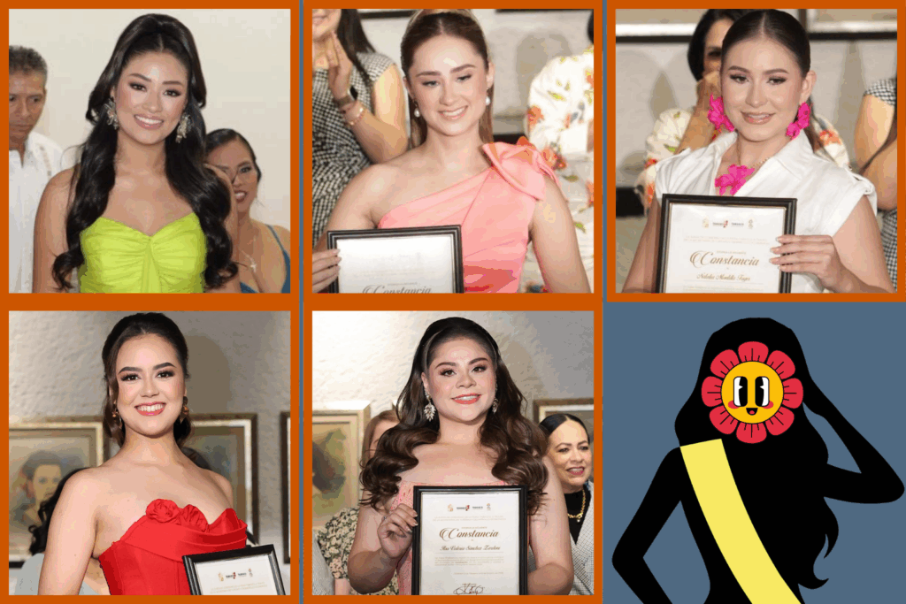 Representantes municipales luciendo atuendos tradicionales y modernos durante el registro para la Flor de Oro en la Feria Tabasco 2026.