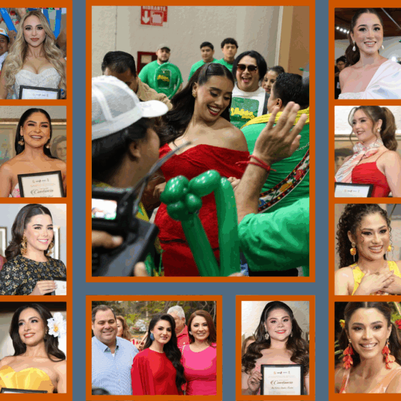 Mosaico de aspirantes a la Flor de Oro durante el registro de la Feria Tabasco 2026 en el Centro de Convenciones Tabasco 2000, acompañadas por porras y contingentes municipales.
