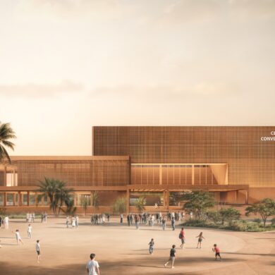 Fachada del Centro de Convenciones Tabasco con explanada pública y visitantes caminando.