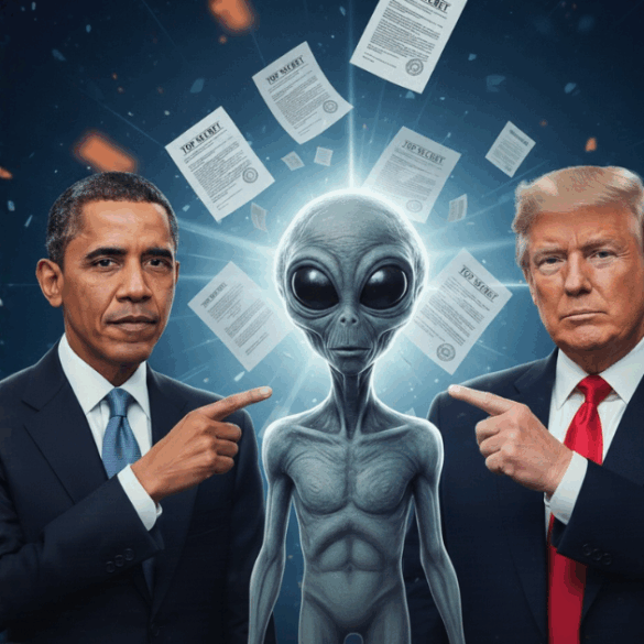 Comparativa de Donald Trump y Barack Obama con gráficos de documentos desclasificados y el logo de expedientes confidenciales.