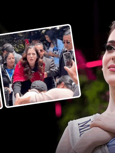 Fátima Bosch Miss Universo auxiliando a un hombre de la tercera edad en Ambato Ecuador.