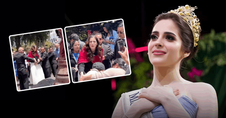 Fátima Bosch Miss Universo auxiliando a un hombre de la tercera edad en Ambato Ecuador.