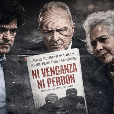 Portada del libro Ni venganza ni perdón, de Julio Scherer Ibarra y Jorge Fernández Menéndez, con el título en rojo y una imagen en blanco y negro de dos figuras políticas abrazadas.