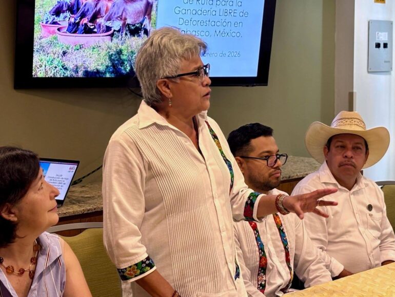 La secretaria Luisa Cámara Cabrales durante el taller de construcción de la hoja de ruta para la ganadería libre de deforestación en Tabasco.