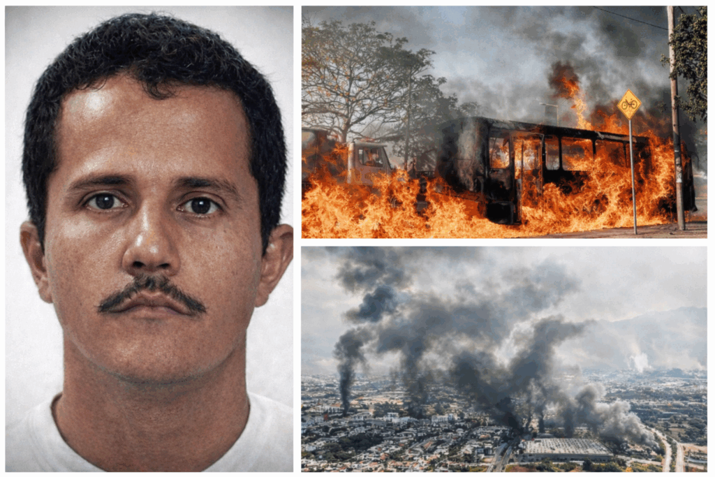 Retrato de El Mencho junto a imágenes de incendios y narcobloqueos tras operativo militar en Jalisco en 2026