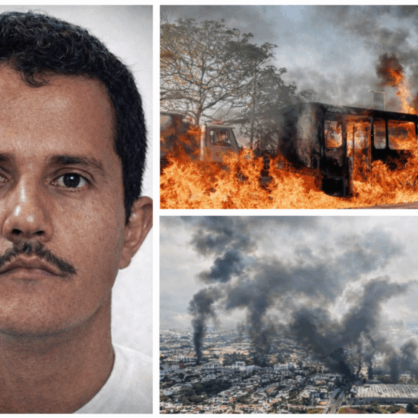 Retrato de El Mencho junto a imágenes de incendios y narcobloqueos tras operativo militar en Jalisco en 2026