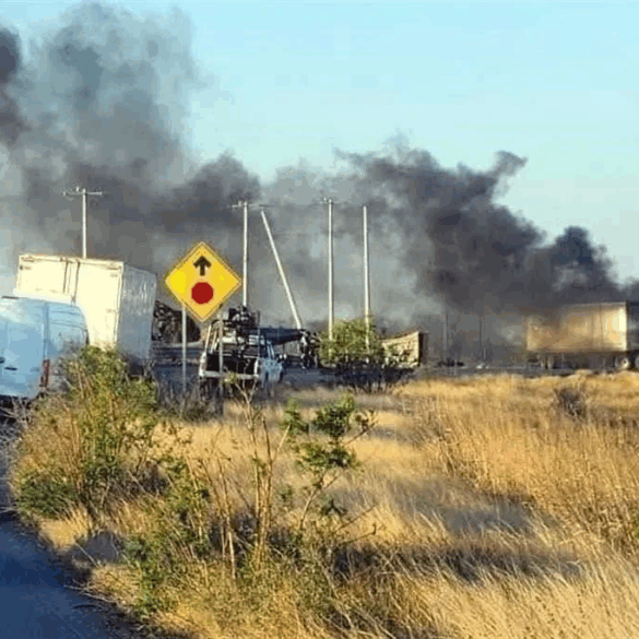 Tráiler incendiado durante narcobloqueo en Camargo, Tamaulipas, tras ataques contra Guardia Estatal