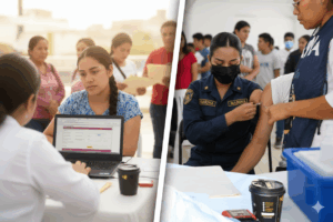 Composición fotográfica dividida: a la izquierda una mujer realiza trámites escolares en computadora; a la derecha, un militar aplica una vacuna a un estudiante.