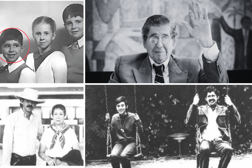 Mosaico fotográfico de Alfredo Bryce Echenique en distintas etapas de su vida: infancia en Lima en 1946, encuentro con Ana María Moix en Barcelona en 1970 y despedida con su madre en el aeropuerto de Lima en 1978.