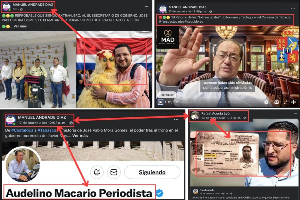 Collage de publicaciones en redes sociales que vinculan a actores políticos con ataques contra José Pablo Mora Gómez en Tabasco