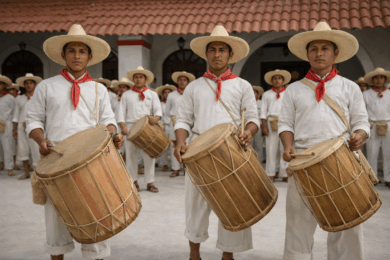 Ilustración hiperrealista de tamborileros tabasqueños vestidos de manta blanca y paliacate rojo, tocando tambores de cedro en formación tradicional frente a edificio colonial.