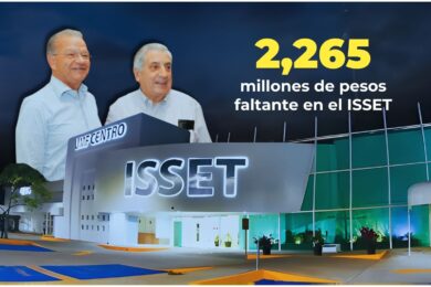 Edificio del ISSET en Villahermosa con montaje de los exgobernadores Andrés Granier y Arturo Núñez, acompañado del dato sobre un faltante de 2,265 millones de pesos en el instituto.