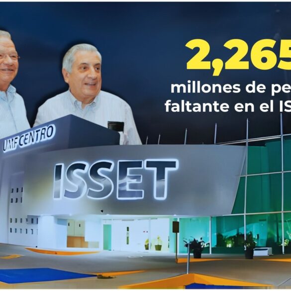 Edificio del ISSET en Villahermosa con montaje de los exgobernadores Andrés Granier y Arturo Núñez, acompañado del dato sobre un faltante de 2,265 millones de pesos en el instituto.