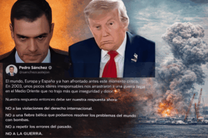 Composición horizontal con Pedro Sánchez, Donald Trump y explosiones en Medio Oriente durante la crisis diplomática por la guerra con Irán.