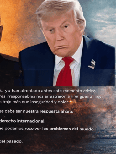 Composición horizontal con Pedro Sánchez, Donald Trump y explosiones en Medio Oriente durante la crisis diplomática por la guerra con Irán.