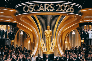 Estatuillas del Oscar preparadas en el escenario del Dolby Theatre antes de la ceremonia.