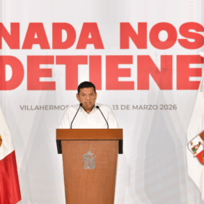 Javier May durante su mensaje en Villahermosa en el encuentro ciudadano donde presentó su informe de gobierno.