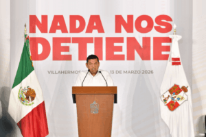 Javier May durante su mensaje en Villahermosa en el encuentro ciudadano donde presentó su informe de gobierno.