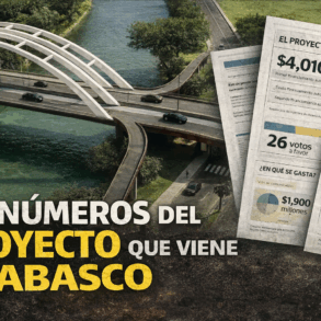 Vista aérea de puente en Villahermosa combinada con documentos oficiales del proyecto que detallan montos de financiamiento, votación legislativa y alcance de obra pública en Tabasco.