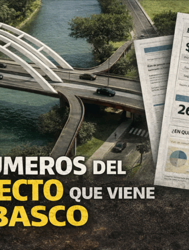 Vista aérea de puente en Villahermosa combinada con documentos oficiales del proyecto que detallan montos de financiamiento, votación legislativa y alcance de obra pública en Tabasco.