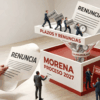 Ilustración conceptual del proceso interno de Morena rumbo a 2027 donde cargos públicos pasan por un embudo político que simboliza renuncias y selección de candidatos.
