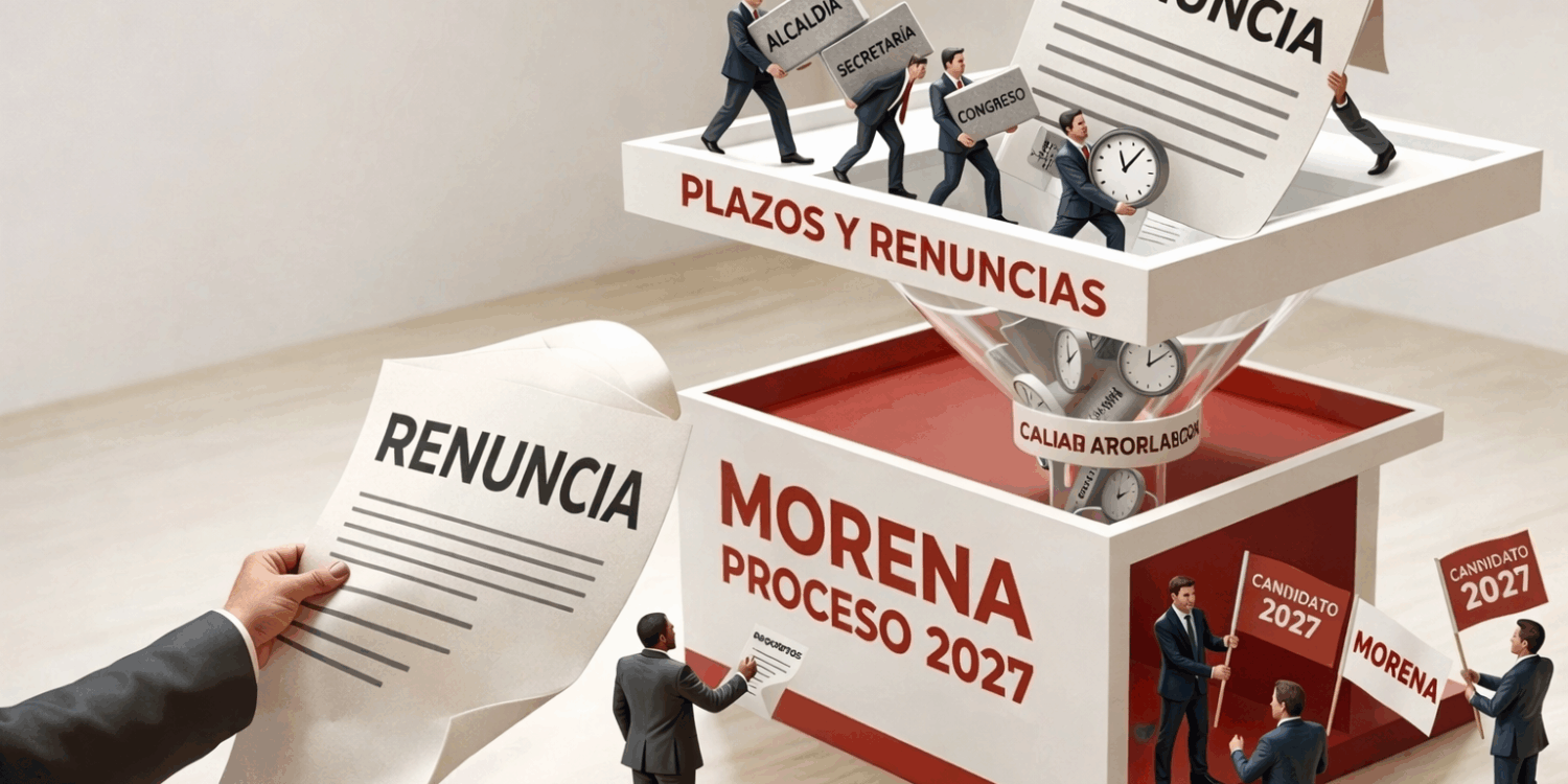 Ilustración conceptual del proceso interno de Morena rumbo a 2027 donde cargos públicos pasan por un embudo político que simboliza renuncias y selección de candidatos.