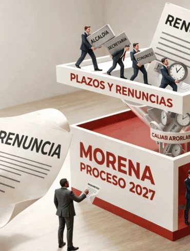 Ilustración conceptual del proceso interno de Morena rumbo a 2027 donde cargos públicos pasan por un embudo político que simboliza renuncias y selección de candidatos.