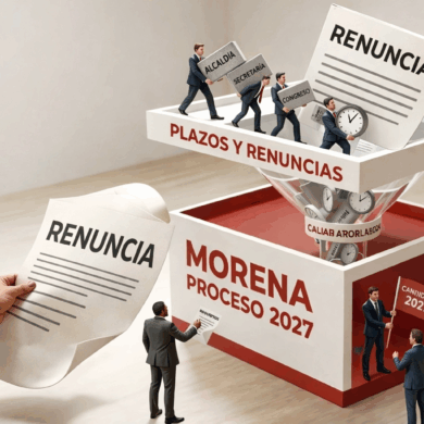 Ilustración conceptual del proceso interno de Morena rumbo a 2027 donde cargos públicos pasan por un embudo político que simboliza renuncias y selección de candidatos.